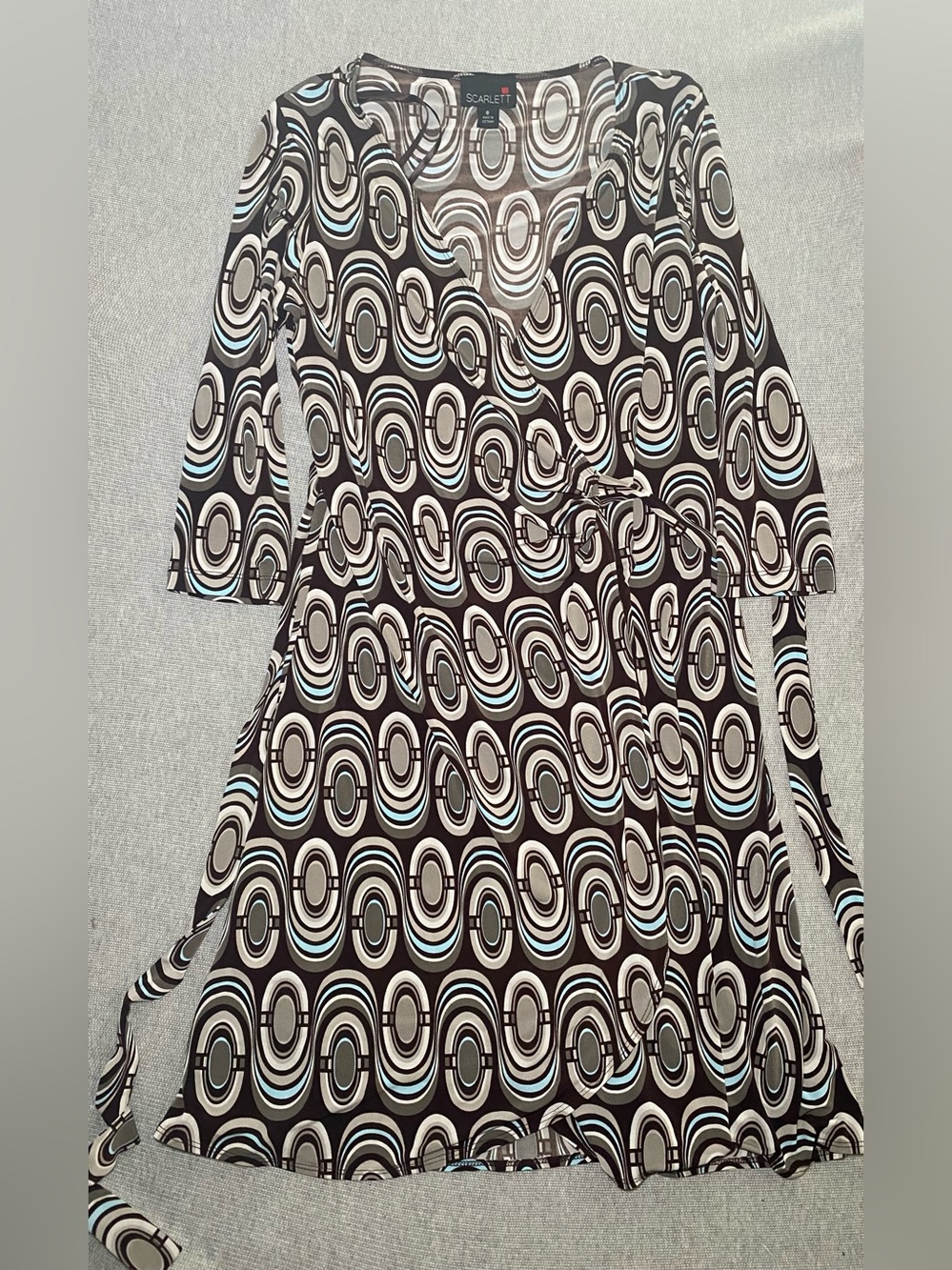 Scarlett Wrap Dress Womens Size 8 Brown Blue Retro Geometric 3/4 Sleeve